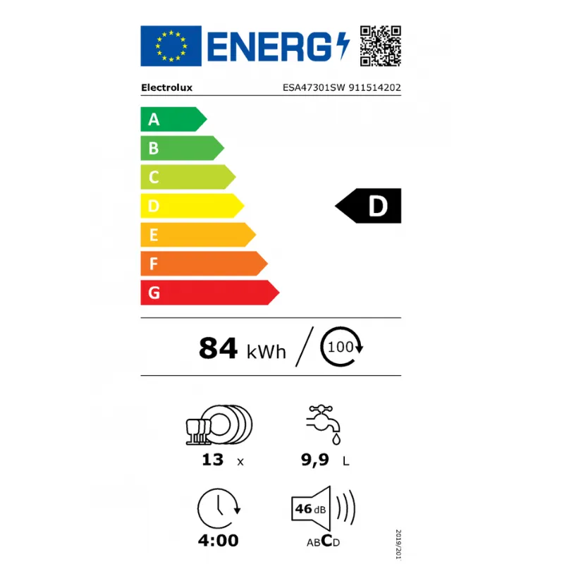 Lave vaisselle Electrolux ESA47301SW - Classe énergétique D - 13 couverts.webp
