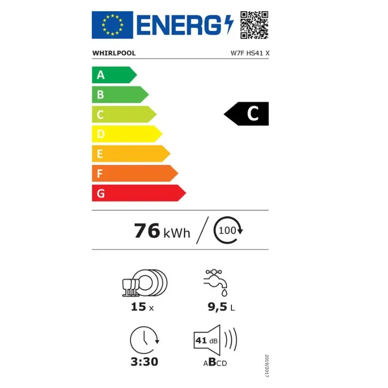 Lave vaisselle - Whirlpool  - Couleur Inox - 41dB - Classe énergétique C -Départ différé -  15 couverts - pose libre - W7FHS41X- avec tiroirs à couverts.webp