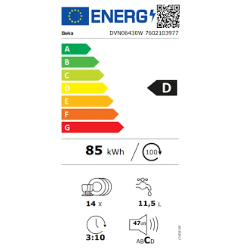 Lave vaisselle - Beko - Couleur Blanc - 47dB - avec bouton - Classe énergétique D -Départ différé - 14 couverts - pose libre - DVN06430W.webp
