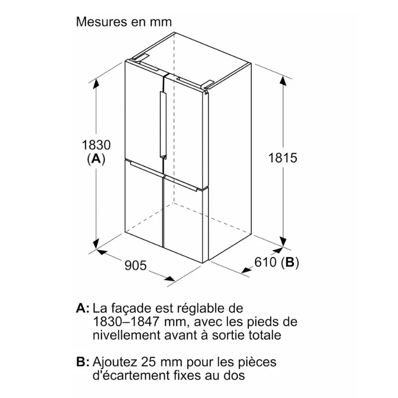 Frigo americain - Bosch - couleur inox - Classe énergétique E - KFN96VPEA -4 portes -605 Litres - dimensions.webp