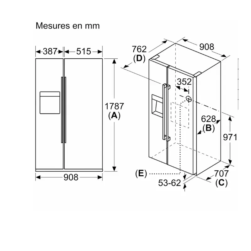Frigo americain - Bosch - couleur inox - Classe énergétique D - KAD93AIDP - 2 portes -Distributeur de glaçons & eau - 562 Litres (4).webp